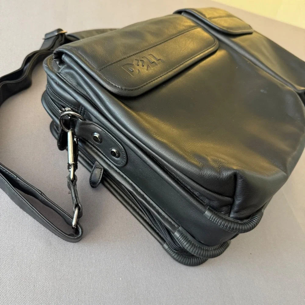 Dell Black Leather Laptop Messenger Bag Briefcase‎ Retractable handles